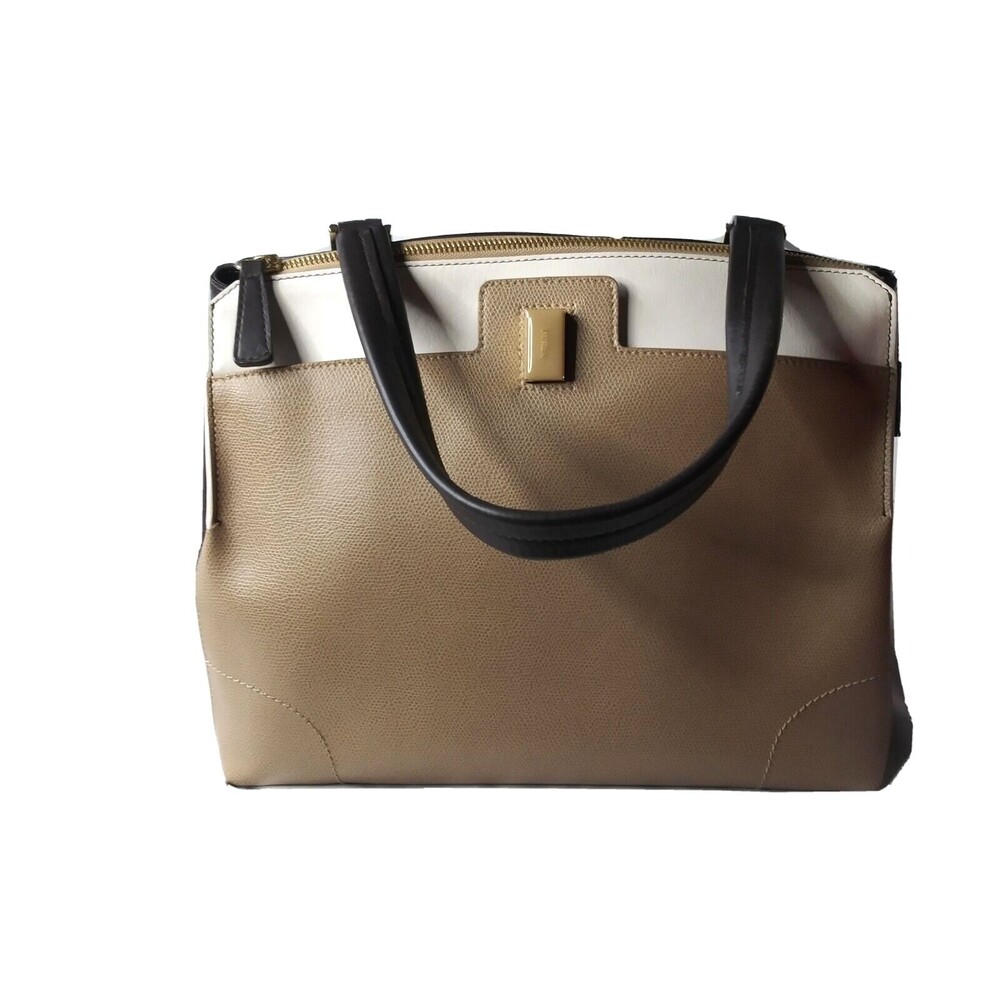 Furla Top Handle Handbag Italian Leather Purse Taupe Cream Brown